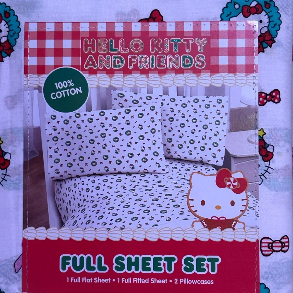 HELLO KITTY Christmas Wreaths And Bows Queen Sheet Set Made By Sanrio NWTS